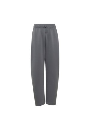 Pantalones deportivos grises de corte ancho con cintura elástica y cordón, piernas rectas, sin patrones ni logotipos visibles, mostrados sobre fondo blanco.
