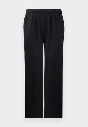Pantalones negros de tela suave con cintura elástica, diseño de pierna recta y dos bolsillos laterales. Presenta detalles de costura oculta.