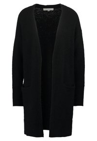 Černý cardigan vyrobený z měkkého, texturovaného materiálu. Design s otevřeným předním dílem, dlouhé rukávy a dvě přední kapsy. Bez zapínání.