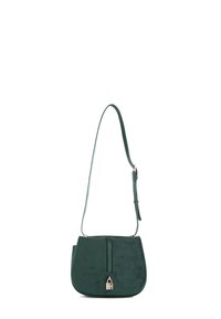 Borsa a tracolla verde in suede con design a pattina, chiusura a zip e dettaglio con chiusura in tono oro. Presenta una tracolla regolabile.