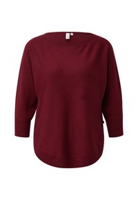 Bordeauxkleurige trui met lange mouwen, ronde hals en geribde manchetten, met een licht afgeronde onderkant en een klein zwart zijlabel.