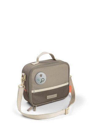 Compact brown and beige insulated lunch bag with crossbody strap, top handle, front pocket, and circular patch featuring paw and magnifying glass icons.