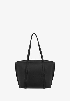 Sac fourre-tout en cuir noir avec deux longues poignées, forme rectangulaire structurée, surface texturée, sans matériel visible ni motifs.