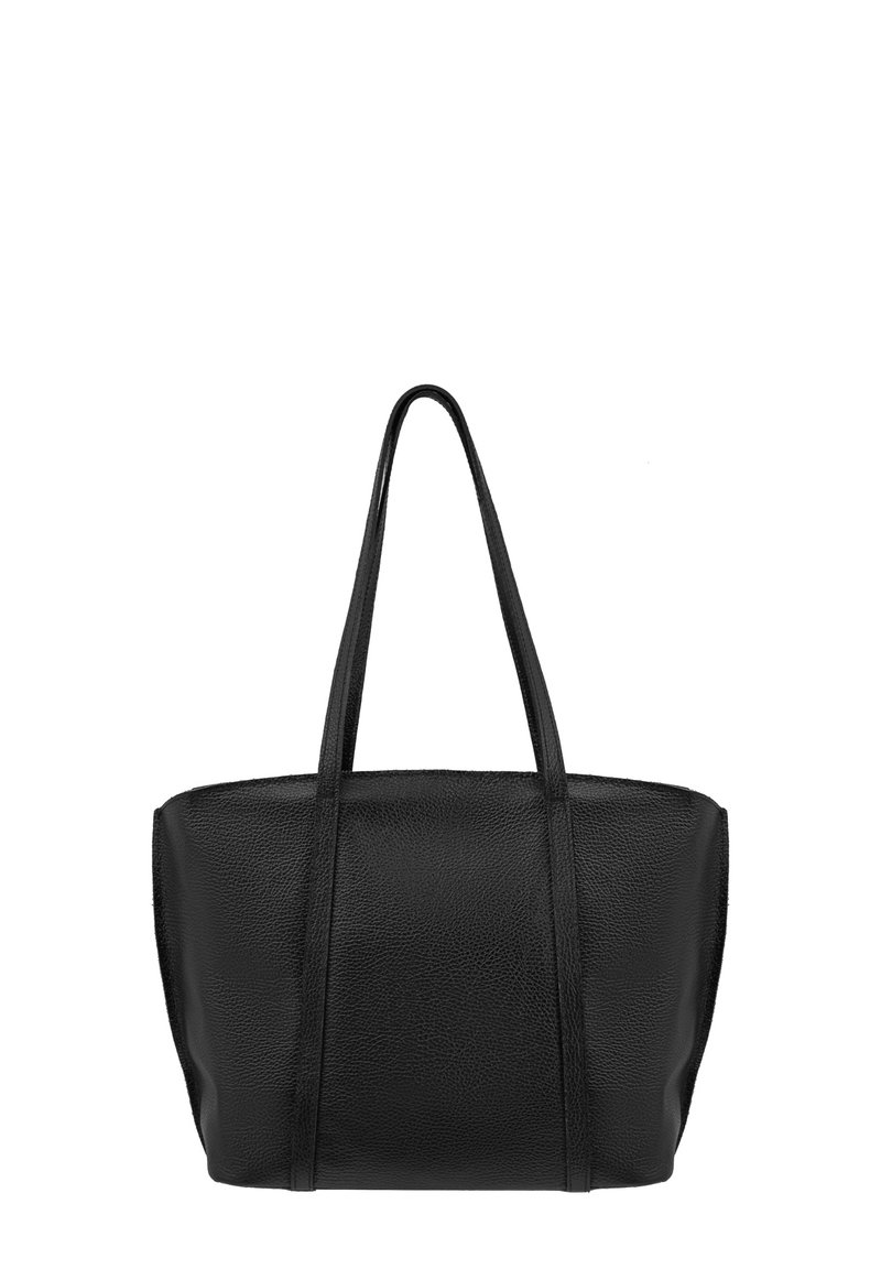 Borsa tote in pelle nera con due manici lunghi, forma rettangolare strutturata, superficie texture, senza hardware o pattern visibili.