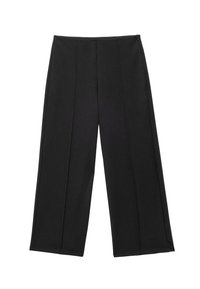 Czarne spodnie o szerokich nogawkach z wysokim stanem i bocznym zapięciem, z wyraźnymi przyszyciami z przodu i prostymi nogawkami.
