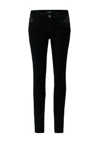 Jeans ajustados negros de mezclilla con una textura suave. Presenta dos bolsillos frontales con acentos decorativos. Cintura definida y diseño ajustado.