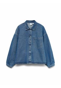 Giacca di jeans, blu chiaro, con bottoni sul davanti, colletto a punta, maniche lunghe a palloncino, taschino sul petto, cuciture a contrasto e texture morbida.