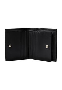 Czarny skórzany portfel o gładkiej fakturze, wyposażony w kilka przegródek na karty, kapsę na monety oraz zapięcie na zatrzask. Wnętrze zaprojektowane z myślą o organizacji.