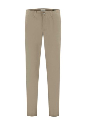 Beige chinos with a fitted design, made from cotton fabric. Features a front button closure and standard pockets for utility.