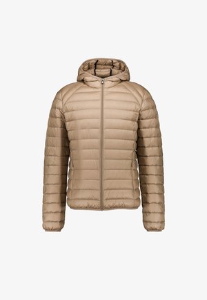 Beige gesteppte Steppjacke mit Kapuze, Reißverschluss vorne, langen Ärmeln und schmaler Passform.