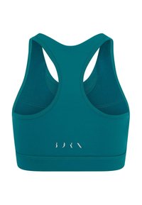 Reggiseno sportivo atletico color turchese con design a schiena scoperta, texture senza cuciture e dettagli minimalisti del logo bianco sulla parte frontale sotto l'elastico.