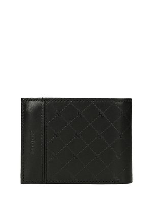 Zwarte leren portemonnee met diamantpatroonstiksels en een subtiel geperst logo aan de linkerkant.