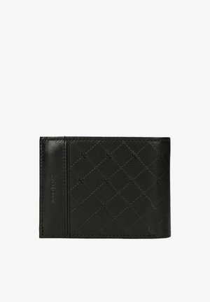 Zwarte leren portemonnee met diamantpatroonstiksels en een subtiel geperst logo aan de linkerkant.