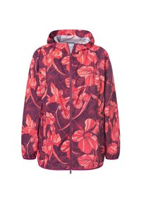 Fialová zipová mikina s kapucí zdobená červeným a růžovým květinovým vzorem, s nastavovacím pasem a manžetami na rukávech.