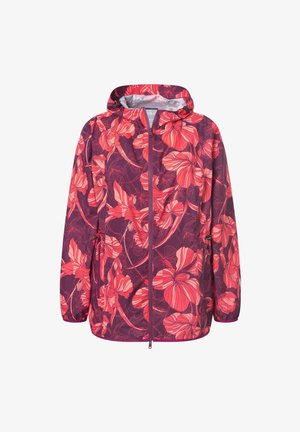 Fioletowa kurtka z kapturem na zamek błyskawiczny z czerwonym i różowym wzorem kwiatowym oraz regulowanymi mankietami i talią.