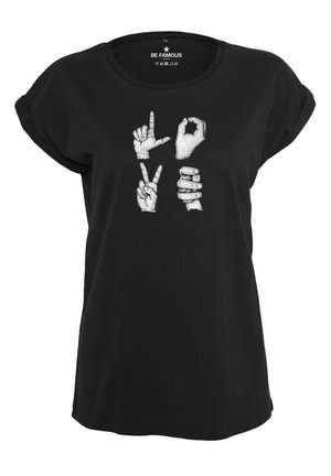 Black t-shirt with short rolled sleeves, featuring four illustrated hands forming letters to spell "LOVE" in white on the front.