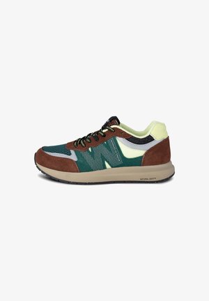 Multicolored sneaker featuring brown suede, green mesh, and reflective accents. Designed with a cushioned outsole and distinct branding.