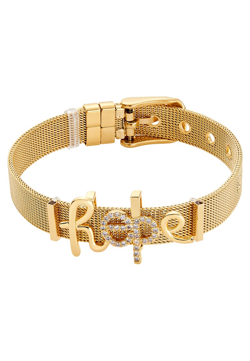 Bracciale in rete dorata con un design centrale "speranza" impreziosito da cristalli trasparenti, dotato di chiusura a gancio e misura regolabile.