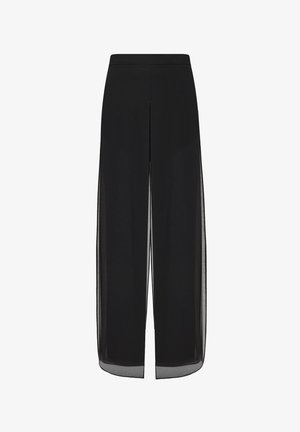 Schwarze Hose mit weitem Bein, einer halbtransparenten Außenschicht und Vorderbesatz, ausgestattet mit einem taillierten Bund und einem Saum auf Knöchelhöhe.