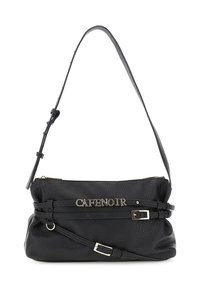 Borsa a spalla in pelle nera con texture, con spallacci regolabili, fibbie in argento e logo metallico "CAFENOIR" sul davanti.