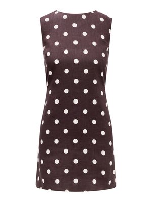 Sleeveless dress in dark brown fabric with white polka dots. Features a round neckline and a straight cut, knee-length design.