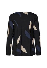Zwarte langelijfshirt met beige en marineblauwe abstracte bladvormige patronen, ronde hals, van achteren getoond.
