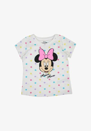 T-shirt blanc à manches courtes avec un grand motif de Minnie Mouse portant un nœud rose, entouré de pois colorés de différentes tailles.