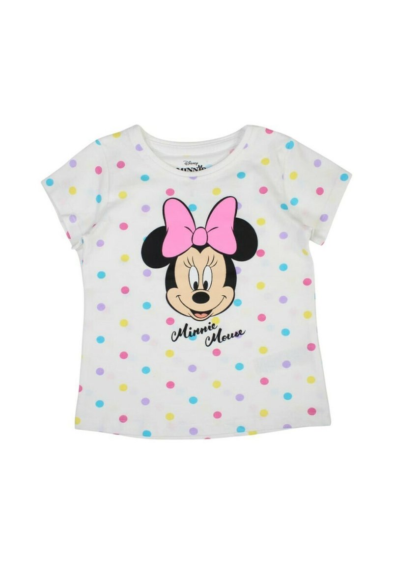 T-shirt blanc à manches courtes avec un grand motif de Minnie Mouse portant un nœud rose, entouré de pois colorés de différentes tailles.