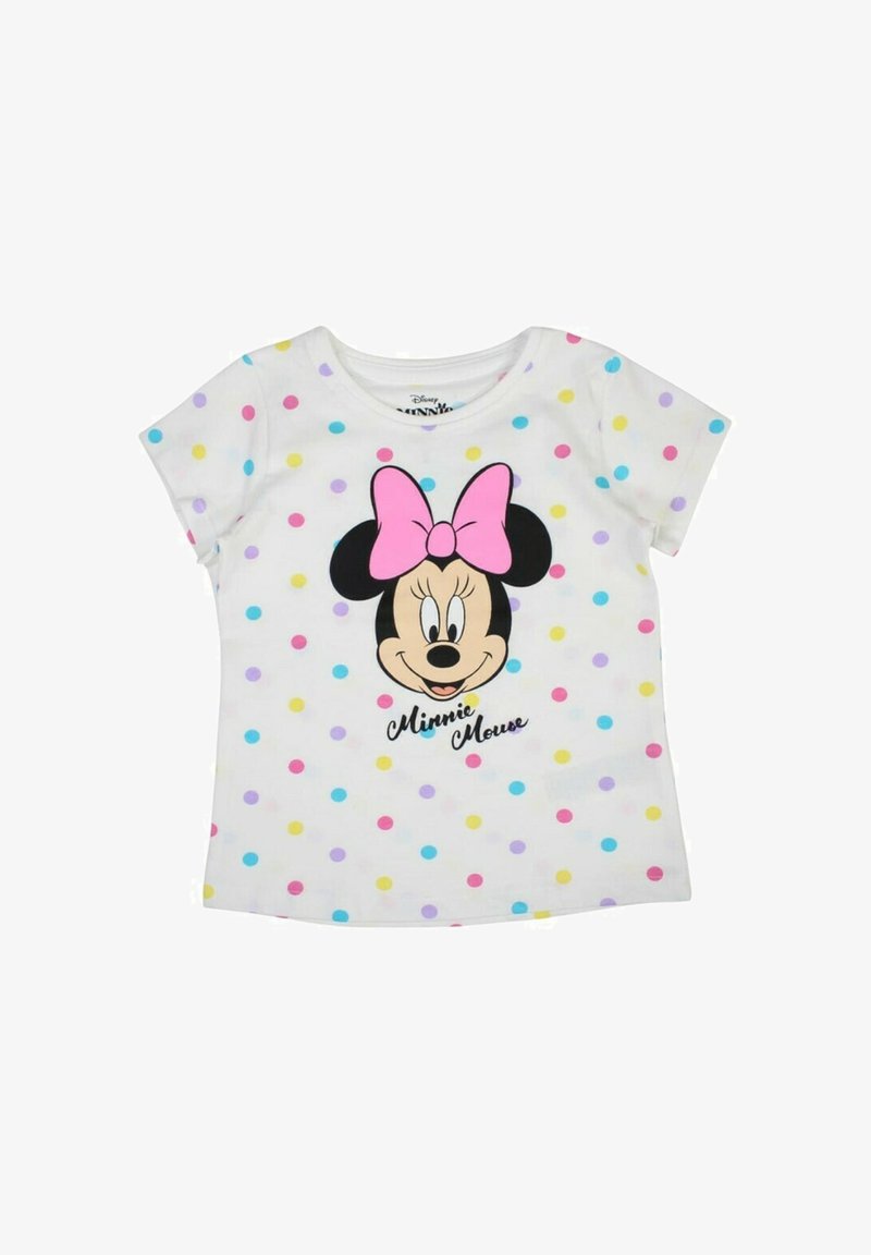 T-shirt blanc à manches courtes avec un grand motif de Minnie Mouse portant un nœud rose, entouré de pois colorés de différentes tailles.