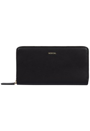Black leather wallet with a smooth finish, gold logo embossing, zipper closure, and a small decorative pull tab on the side.