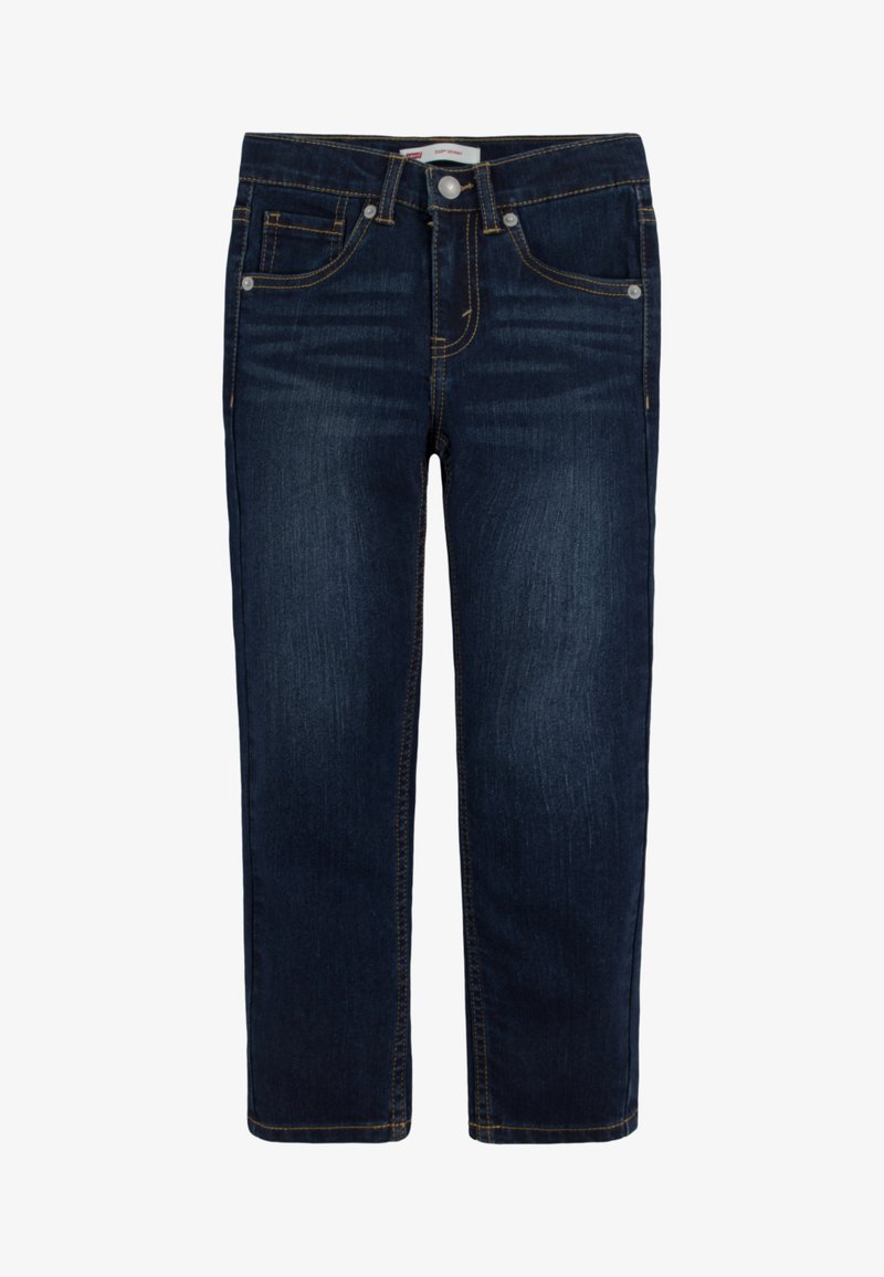 Tumši zilas džinsa bikses ar taisnu kāju griezumu, dzeltenām šuvēm, divām priekšējām kabatām un rāvējslēdzēja slēgumu ar pogu.