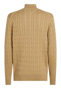 Pull en maille torsadée marron clair avec manches longues et col haut, poignets et ourlet côtelés, vu de dos.