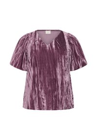 Haut en velours violet doux avec un décolleté en V et des manches courtes. Présente une texture froissée et une coupe décontractée, idéale pour un look décontracté.