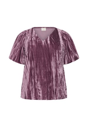 Lila, puha bársony felső V-kivágással és rövid ujjal. Gyűrött textúrával és laza szabással rendelkezik, alkalmas hétköznapi viseletre.