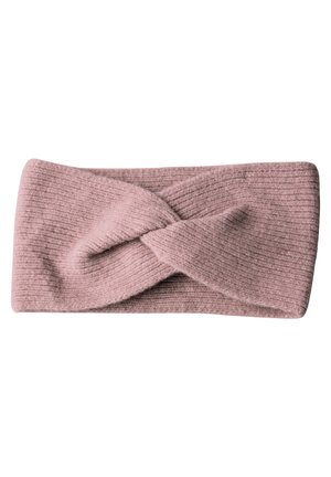 Bandeau tricoté en tissu rose doux, avec un design à l'avant torsadé. Épaisseur moyenne avec un motif texturé en côtes sur toute la surface.