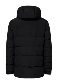Veste matelassée noire avec capuche, présentant un design matelassé et des poignets côtelés. Le tissu semble lisse et sans texture.