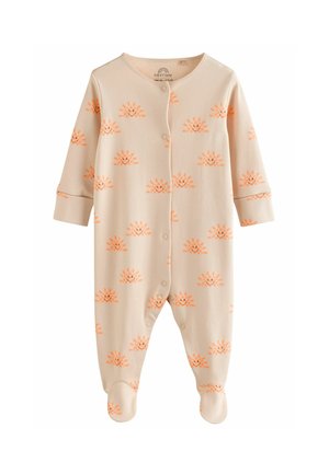 Cremfarbener Baby-Body mit orangefarbenen Sonnenmustern, langen Ärmeln, Druckknöpfen vorne, Füßchen-Design und weichem Stoff.