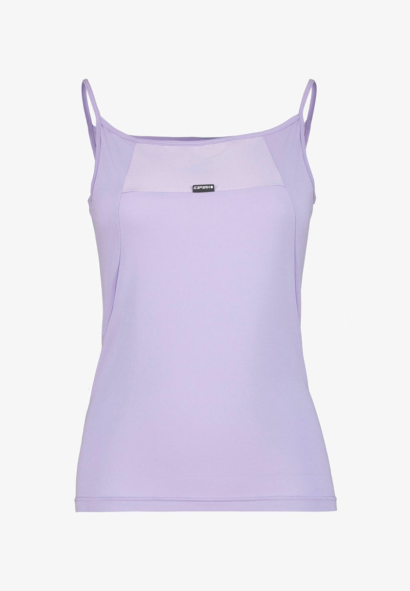 Lilla tanktop med tynde stropper, blødt stretchstof, en tætsiddende pasform og en rektangulær mesh-detalje foran. Har et logomærkat.