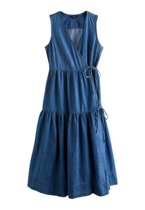 Sleeveless blue denim midi wrap dress with V-neck and two side tie closures, featuring gathered waist and skirt panels.