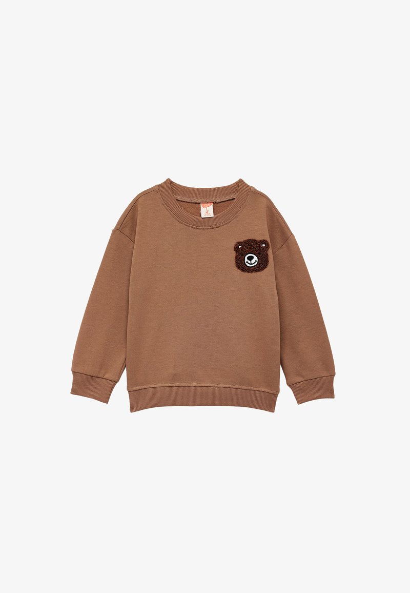 Sudadera marrón hecha de una tela suave, con un parche de la cara de un oso en marrón oscuro en el área del pecho izquierdo y puños y cuello acanalados.