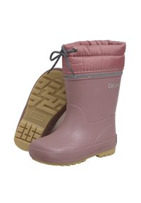 Bottes en caoutchouc imperméables roses avec une tige en tissu matelassé, un cordon de serrage gris et une semelle texturée présentant un motif en diamant.
