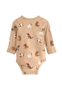 Langærmet bodysuit i beige bomuld, med forskellige tegneseriehunde i nuancer af brun, hvid og grå, med græsaccentueringer overalt.