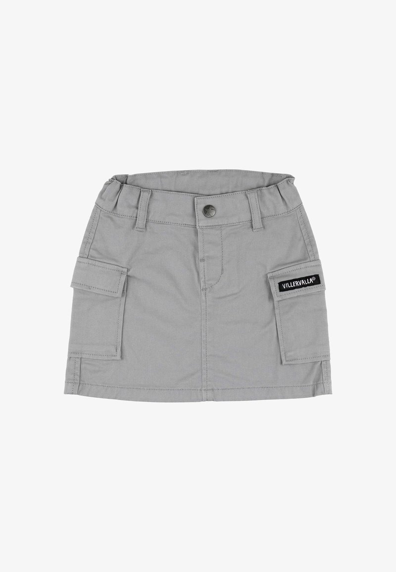 Szary dżinsowy spódniczka z dopasowaną talią, z przodu zapinana na guziki, z dwiema klapkowymi kieszeniami po bokach. Zawiera naszywkę z logo na jednej z kieszeni.