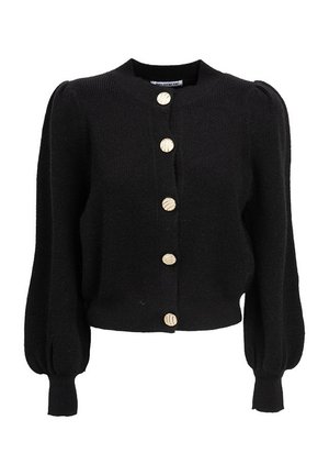 Zwarte gebreide cardigan met een ronde halslijn, pofmouwen en vijf crèmekleurige knopen aan de voorkant. Zachte textuur en een aansluitend ontwerp.
