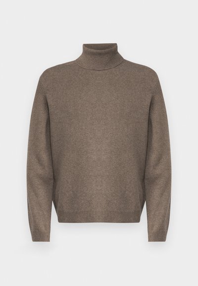 Bruine coltrui van zacht gebreid materiaal. Heeft ribbelmanchetten en onderrand, met een relaxte pasvorm en een naadloos ontwerp.