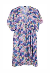 Blommönstrad kimono i genomskinligt tyg med lila, blå och rosa nyanser. Kort ärm och dragsko i midjan för justerbar passform.