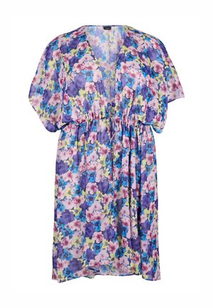 Ziedu raksta kimono caurspīdīgā audumā ar purpura, zilām un rozā nokrāsām. Īsas piedurknes un aukliņas vidukļa apsēja regulējamai fit.