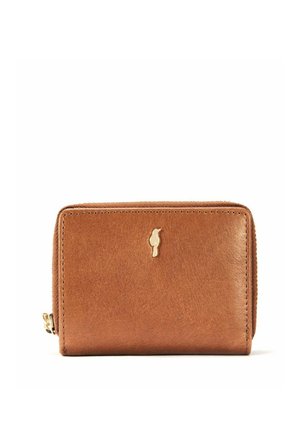 Kompaktowy brązowy skórzany portfel z złotym emblematem ptaka i zamkiem błyskawicznym po prawej stronie na białym tle.