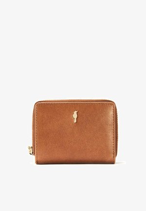 Kompaktowy brązowy skórzany portfel z złotym emblematem ptaka i zamkiem błyskawicznym po prawej stronie na białym tle.