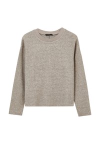 Hellbeige Langarm-Strickpullover mit geripptem Rundhalsausschnitt und geradem Saum, vor einem weißen Hintergrund präsentiert.